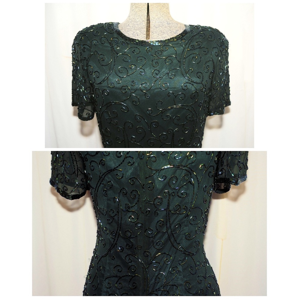 VTG 80s AJ Bari Beaded Dark Green Sheath Dress XS - Picture 4 of 8